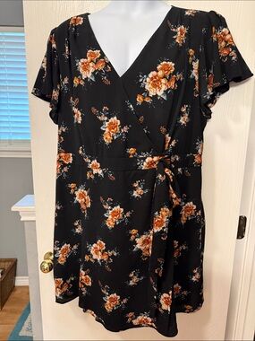 Black Floral Wrap Dress with Orange Blooms
